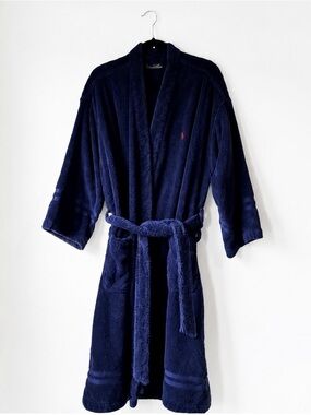 Polo Ralph Lauren Terry Cloth Bathrobe Mens One Size Navy Blue Belted Robe